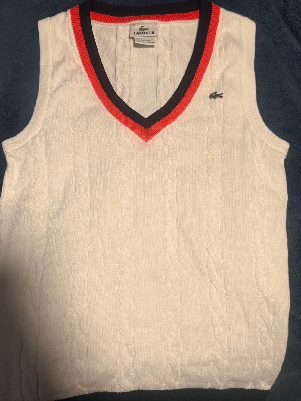 Lacoste Women White Cable Knit V-Neck Sweater Vest with Contrast Trim